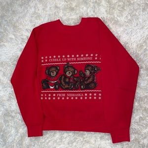 Nebraska Vintage Christmas Cute and Ugly Sweater Teddy Bear Hanes Red Crew Neck